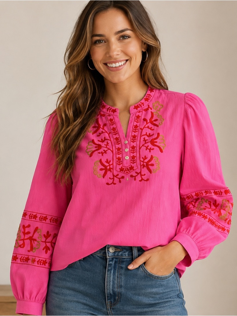 Jodifl Women’s Pink Embroidered Peasant Blouse Top NWOT Small